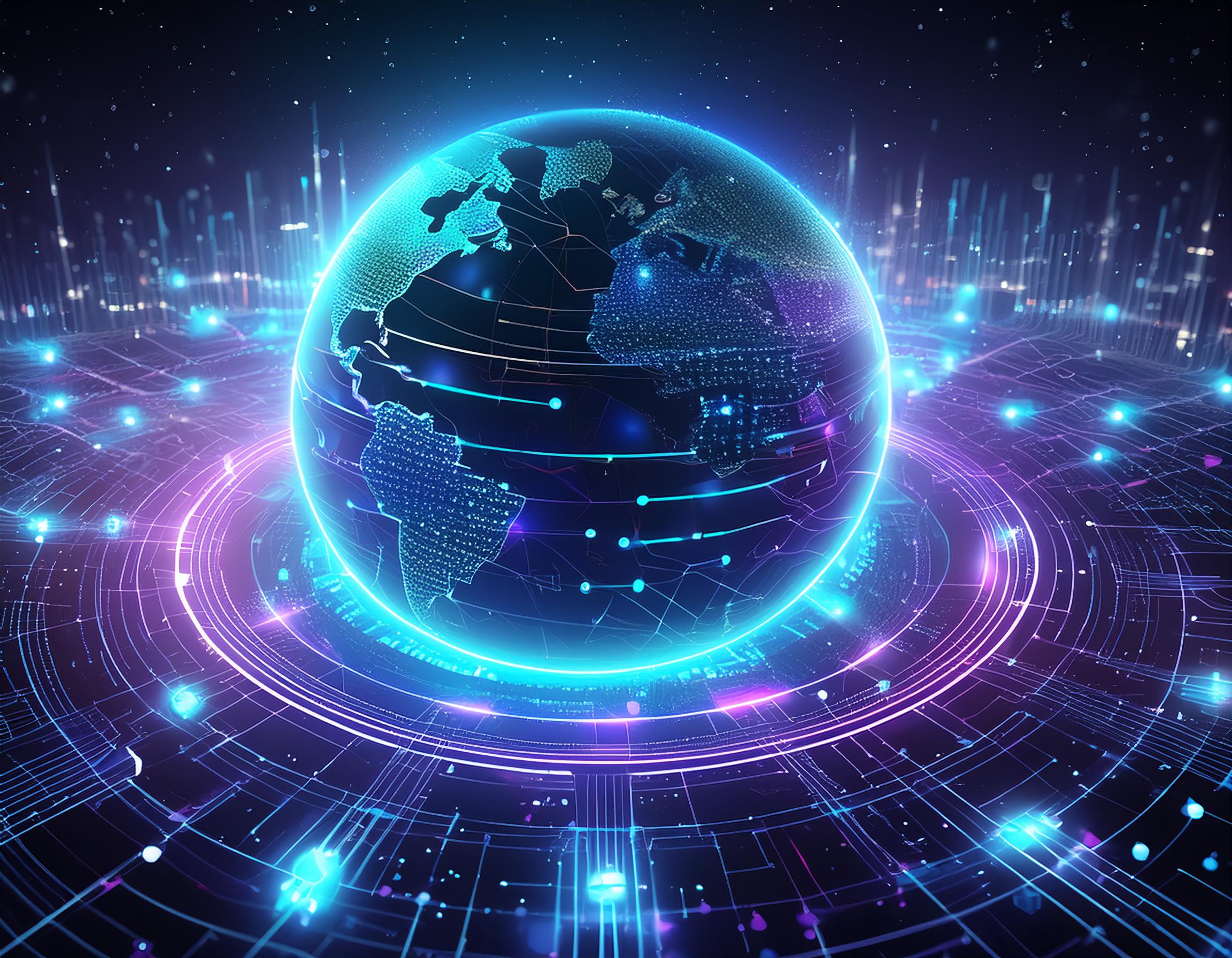 Firefly Depict a digital planet orbiting in space. The planet is covered in circuits, glowing nodes,